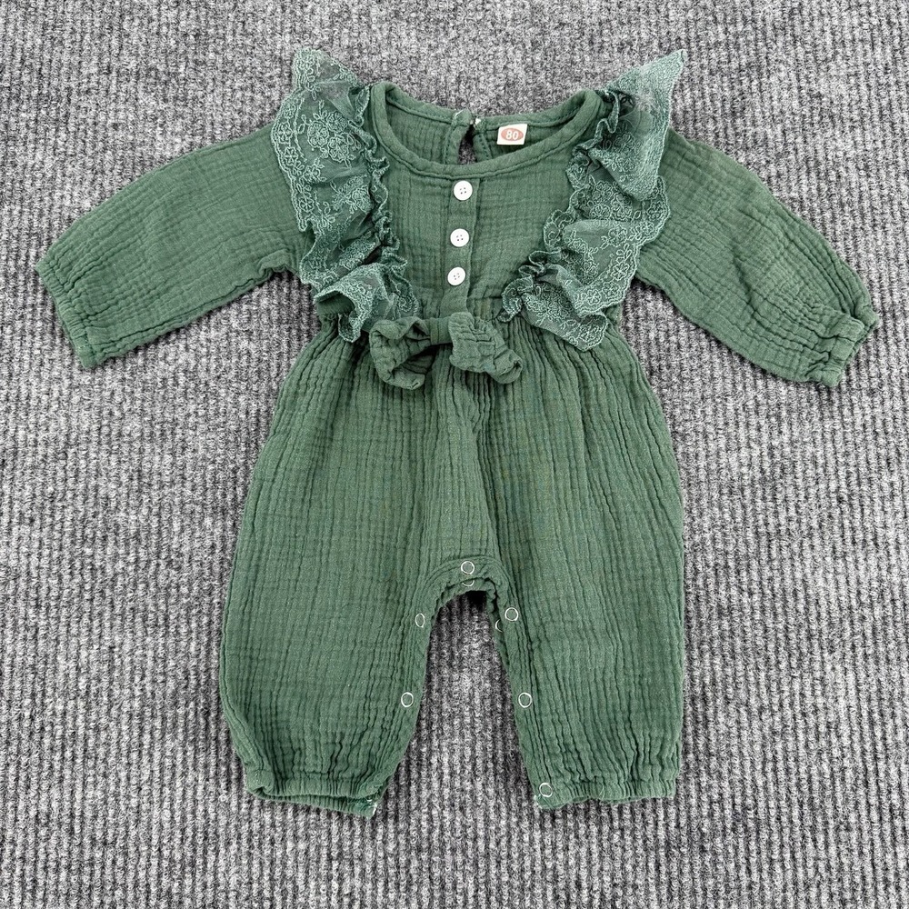 Baby Girl Gauze Romper 12M Green Muslin Lace Ruffle Boho‎ Outfit